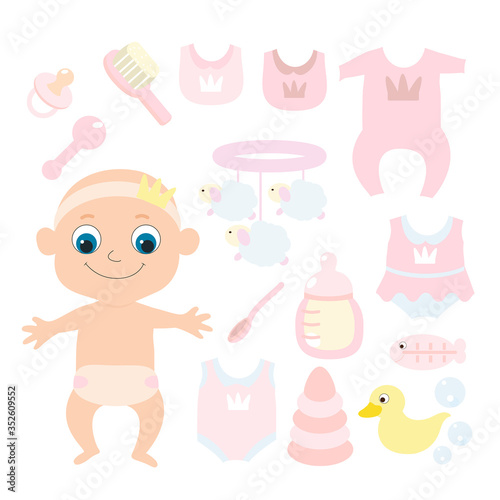 Set for the newborn or the first year of life and children's subjects: mobile, a comb, a feeding bottle, a pacifier, a duck, a body, a bib. Vector illustration of a girl in pastel soft pink tones.