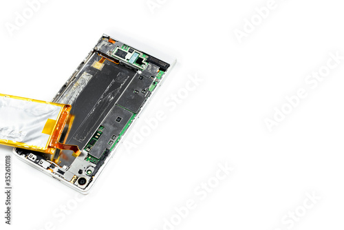 Disassembled smartphone on a white background