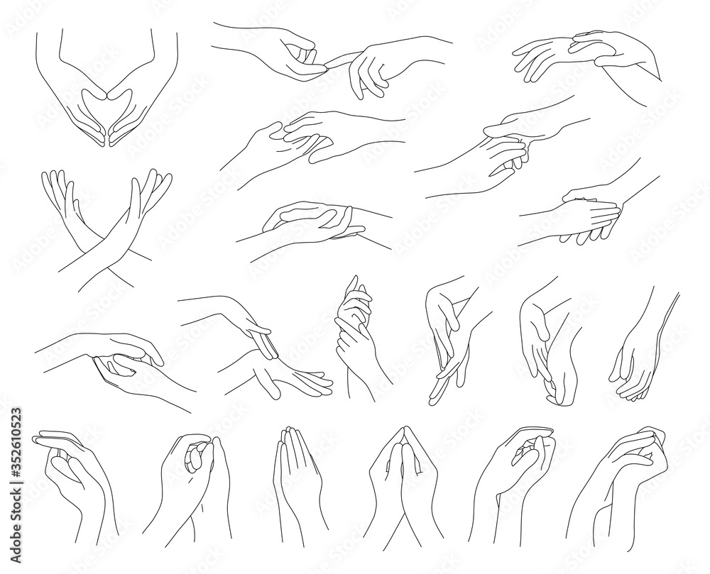 Collection of hands and fingers vector illustration. Line of hand gestures. Logo and graphic design arms on white background.