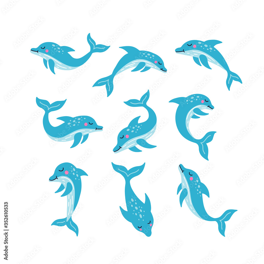Obraz premium Set of blue cute dolphin. Hand drawn vector illustration. Set of cute cartoon characters. Bottlenose dolphin jumping for entertainment show. Vector Illustration on a white background.