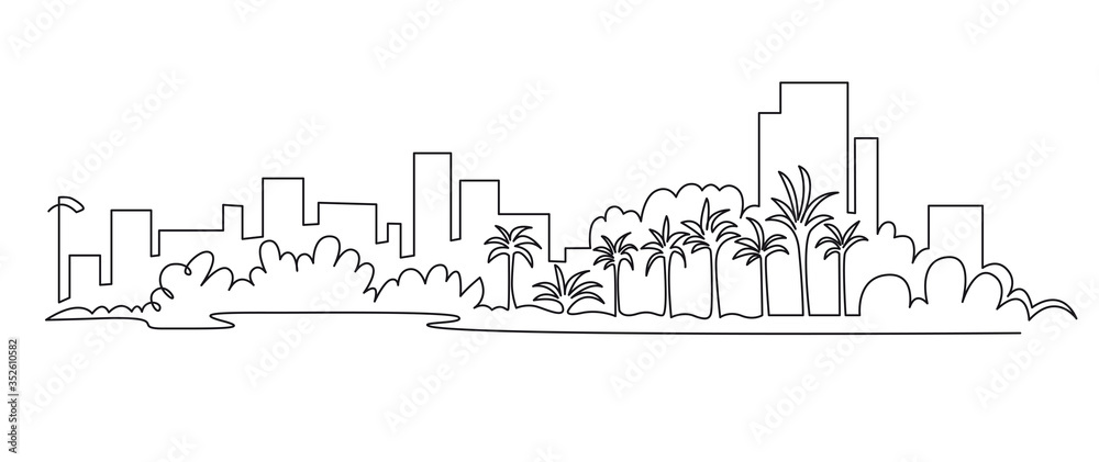 Modern cityscape continuous one line vector drawing. Metropolis architecture panoramic landscape. Dubai skyscrapers hand drawn silhouette. Apartment buildings isolated minimalistic illustration.