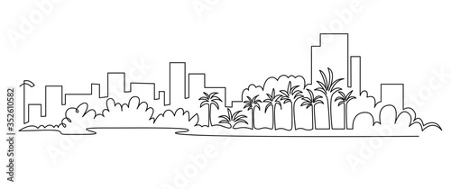 Modern cityscape continuous one line vector drawing. Metropolis architecture panoramic landscape. Dubai skyscrapers hand drawn silhouette. Apartment buildings isolated minimalistic illustration.