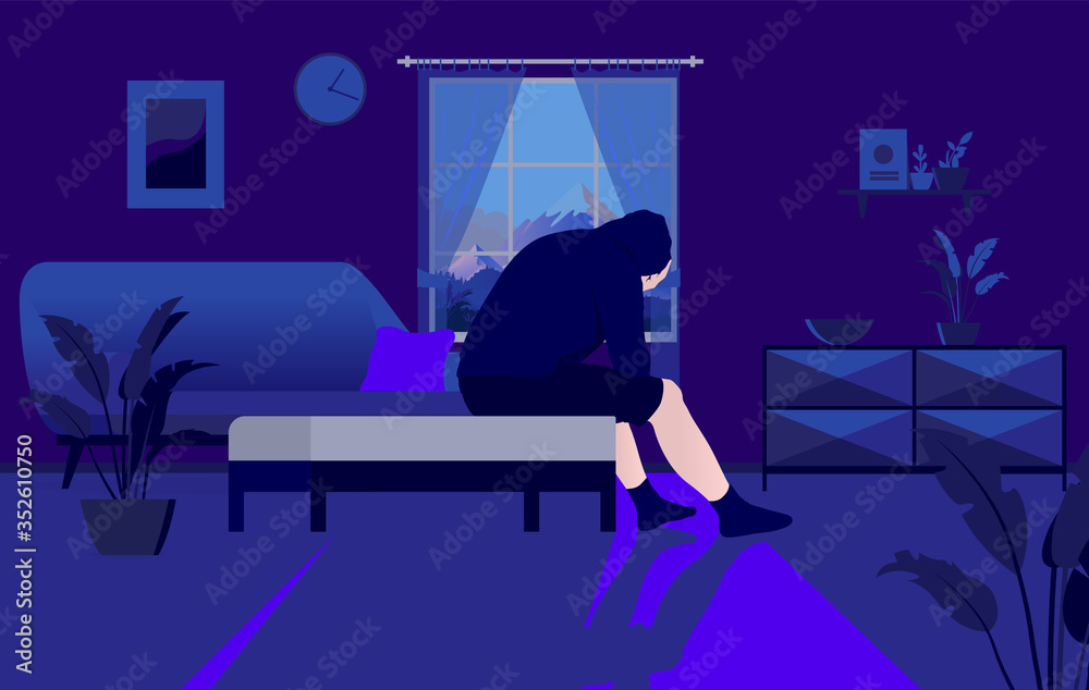 © Knut - Depressed and alone at home - Sad man sitting in dark living room and crying in front of window, cant sleep, feeling down. Mental illness, sleep problems, regret and insomnia concept. Vector.