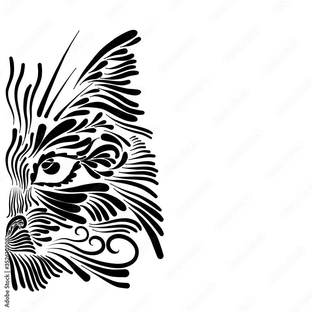 abstract shaggy fluffy head portrait face muzzle cat and lynx mythical animal with long black mustache on a white background abstract shaggy fluffy head portrait face muzzle cat and lynx mythical animal with long black mustache on a white background