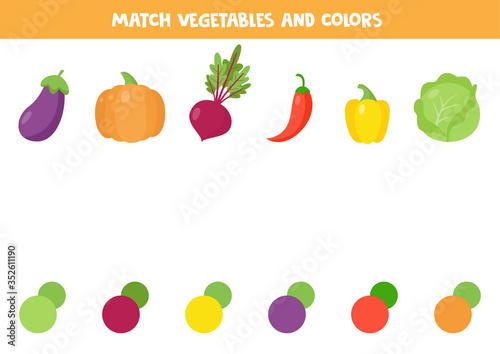 Match vegetable and its color. Cute carton beet, pepper, eggplant, pumpkin, cabbage.