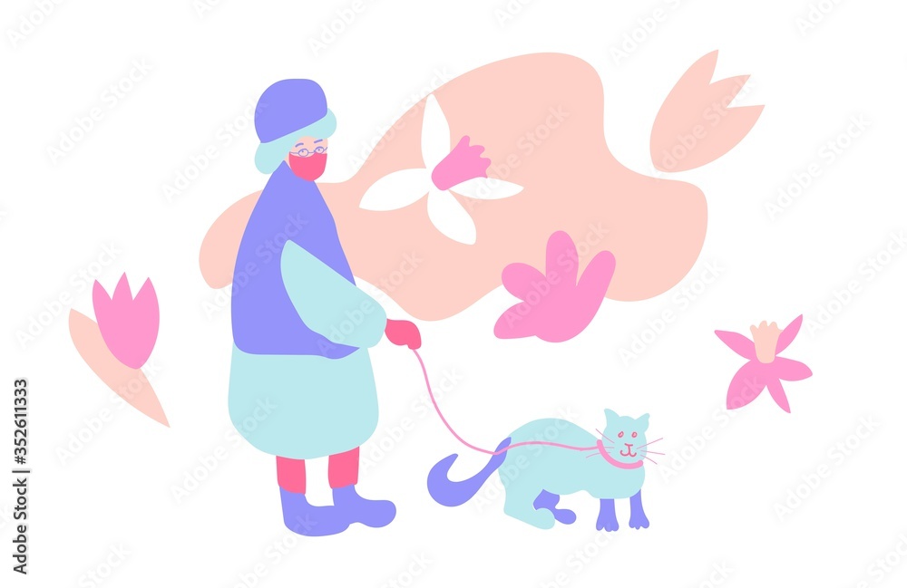 An elderly woman walks with a cat on a white background.Spring llustration with a people and an animal in flat style in shades of pink and blue color. Design for banners,posters,web,social networks.