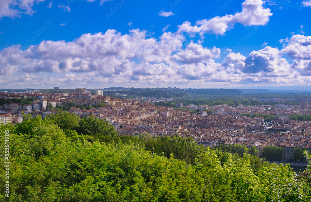 An aerial view of Lyon, France on a sunny day from Fourviere Hill.