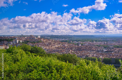 An aerial view of Lyon, France on a sunny day from Fourviere Hill. © Jbyard