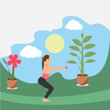  Young girl practicing yoga, exercising cartoon on the park, nature landscape. Healthy lifestyle.A creative vector illustration