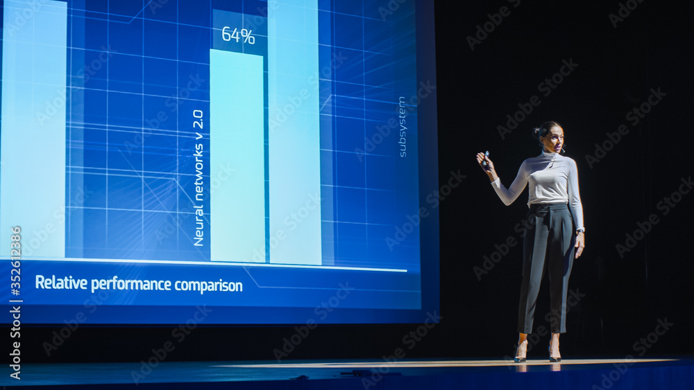 Tech Conference Stage: Visionary Female Speaker Talks about Product. Neural  Networks, Artificial Intelligence, Big Data and Machine Learning.  Infographics On Big Screen. Live Startup Business Event Photos | Adobe Stock