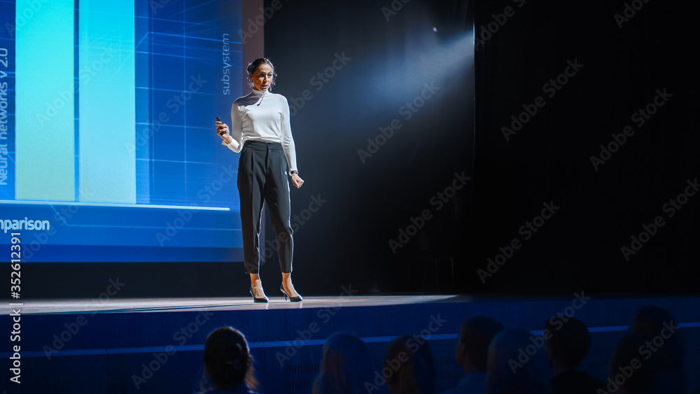 Tech Conference Stage: Visionary Female Speaker Talks about ...