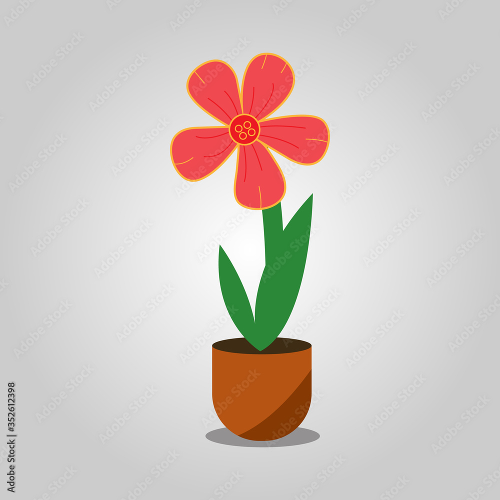 Home plant in flower on brown pot.Spring colorful flowers in pots. A creative vector illustration with grey background