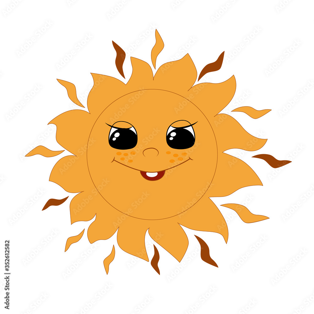 The bright yellow sun happily smiles. Cartoon joyful character with freckles. Illustration on white background. Image for children's design, prints and books.