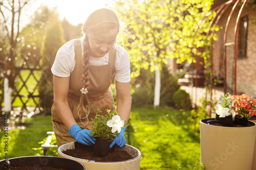 A young blonde gardener girl is transplanting flowers in the garden on a Sunny day. Transplanting plants in spring, garden decoration, gardening