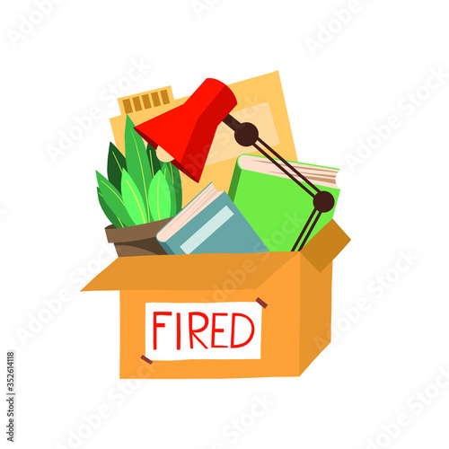 Fired, dismissal from work. Unemployment, crisis, job cuts reduction. Loss of vacancy. Dismissal, jobless, job reduction for employee. Flat vector illustration.