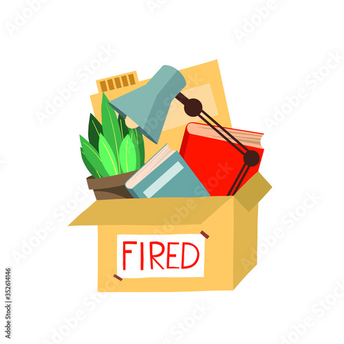 Fired, dismissal from work. Unemployment, crisis, job cuts reduction. Loss of vacancy. Dismissal, jobless, job reduction for employee. Flat vector illustration.