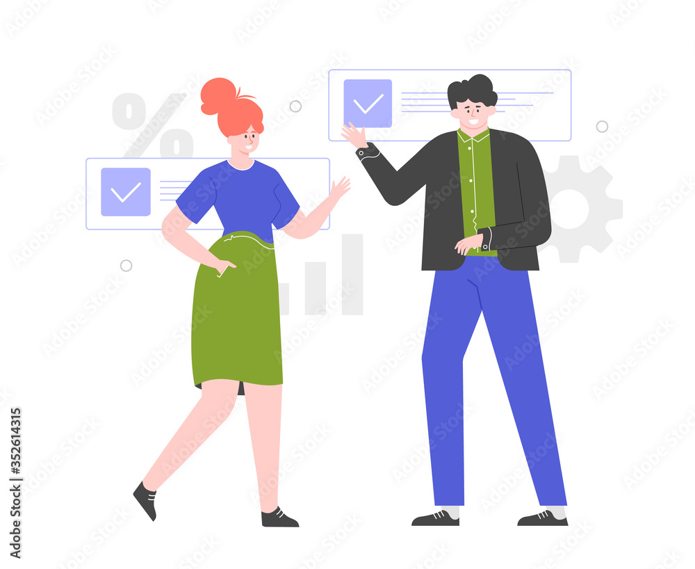 A man and a woman in business clothes are standing nearby, waving a hand in greeting. Accomplishment of tasks, teamwork, time managment. Project managers. Vector flat illustration. A man and a woman in business clothes are standing nearby, waving a hand in greeting. Accomplishment of tasks, teamwork, time managment. Project managers. Vector flat illustration.