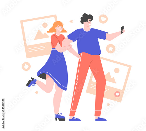 Young couple makes selfie with a smartphone. Influence marketing, bloggers and social networks. A guy and a girl on a date shoot stories. Vector flat illustration with characters.