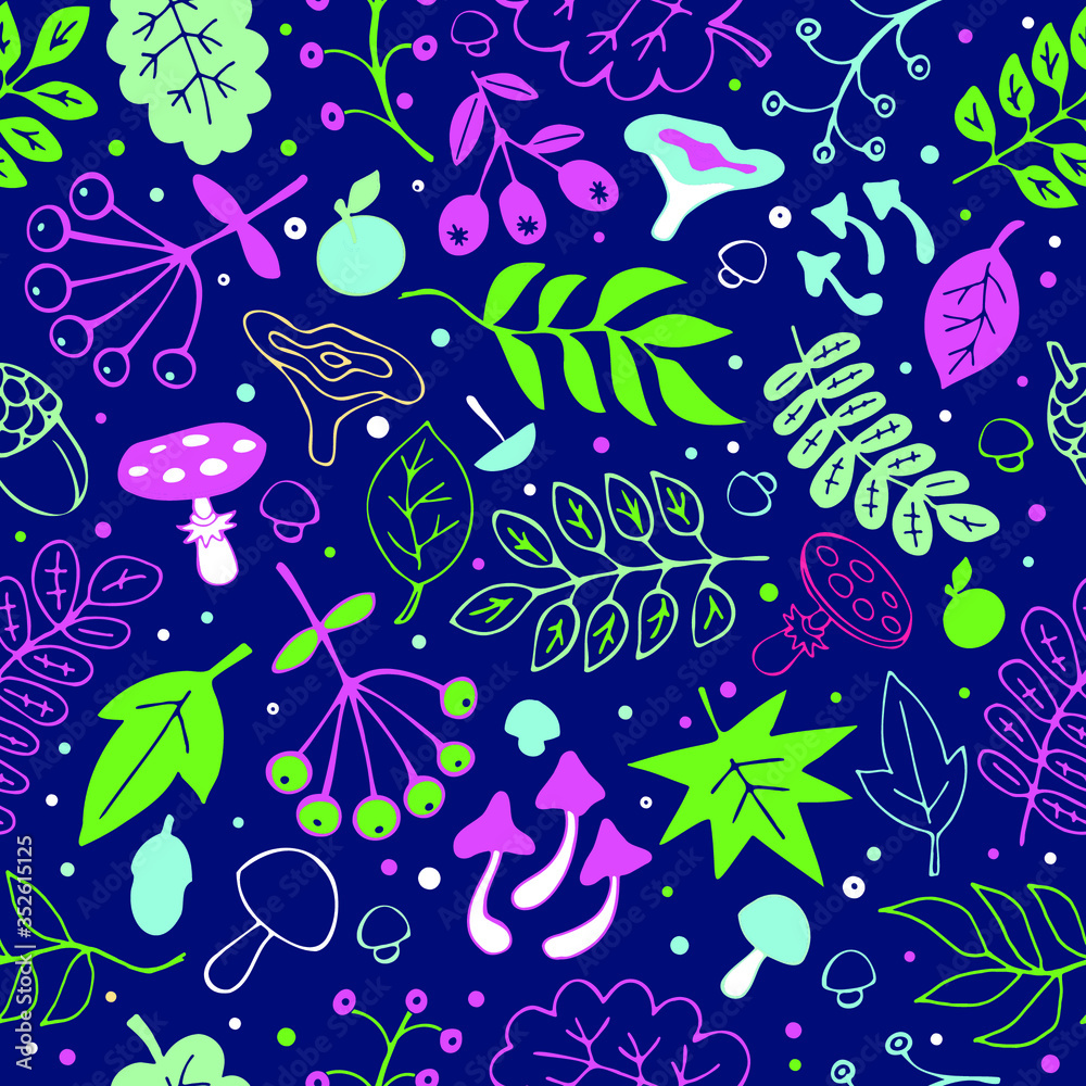 Autumn seamless pattern with leaves and mushrooms on a blue background. Vector botanical illustration. Autumn seamless pattern with leaves and mushrooms on a blue background. Vector botanical illustration.