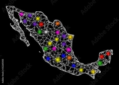 Web mesh vector map of Mexico with flare effect on a black background. Abstract lines, light spots and dots form map of Mexico constellation.