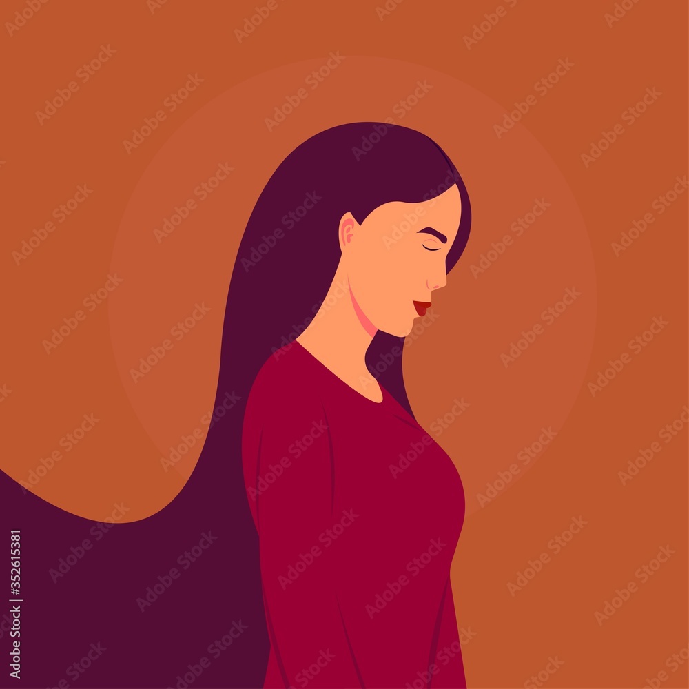 Close eyes woman thinking to solve problems. Pregnant woman is alone. Abortion, Depression, Sad, Cry, Unhappy, Stress concept. Vector illustration. Close eyes woman thinking to solve problems. Pregnant woman is alone. Abortion, Depression, Sad, Cry, Unhappy, Stress concept. Vector illustration.