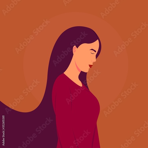 Close eyes woman thinking to solve problems. Pregnant woman is alone. Abortion, Depression, Sad, Cry, Unhappy, Stress concept. Vector illustration.