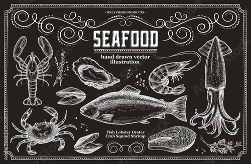 Seafood on a chalk board. Set of illustrations for the design of the menu of restaurants and fish shops.