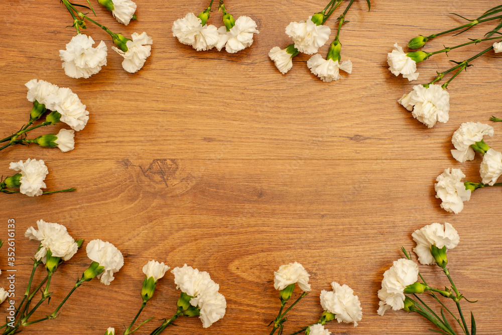 Composition of white Carnations on a brown background