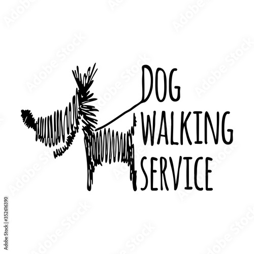 Dog walking service logotype on white background. Isolated scribble style logo template. 