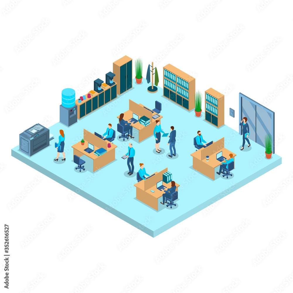 Color Characters People and Agency Office Interior Inside Concept 3d Isometric View. Vector