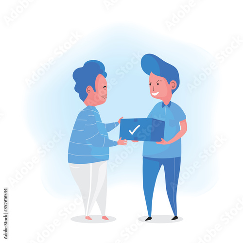 A cartoon of delivery man deliver a parcel to customer after he order it online