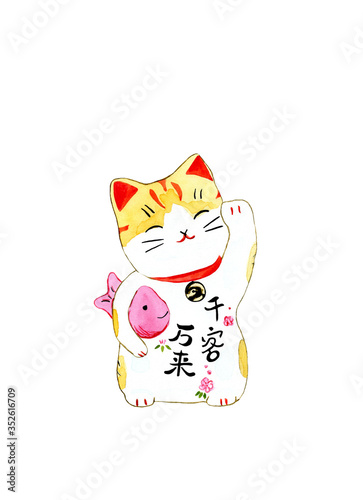 Watercolor illustration of Japanese cat Maneki-neko on a white background.