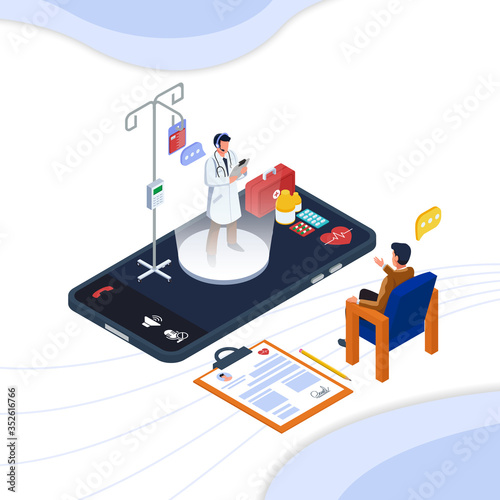 Man do online communication with doctor in mobile phone technology. Isometric healthcare online service. Vector