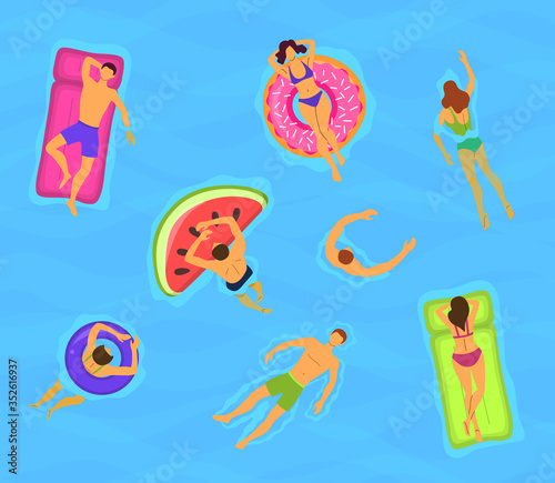 Cartoon Color Characters People Swimming Floating Concept. Vector