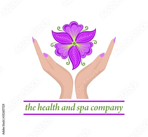 Logo template with female hands holding beautiful abstract violet phalaenopsis flower for healthcare, spa and massage salon, cosmetics, beauty industry