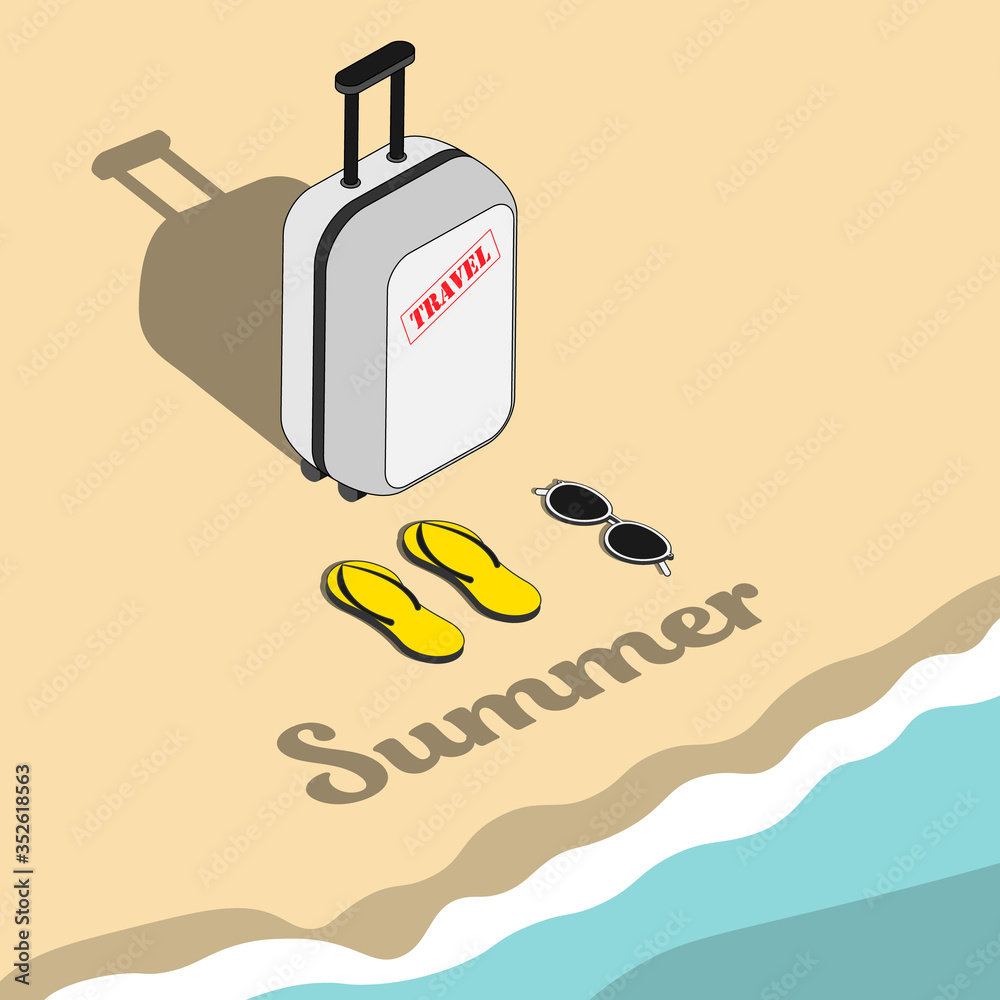 Naklejka premium Isometric summer time vector with sunglasses flip-flops and suitcase.