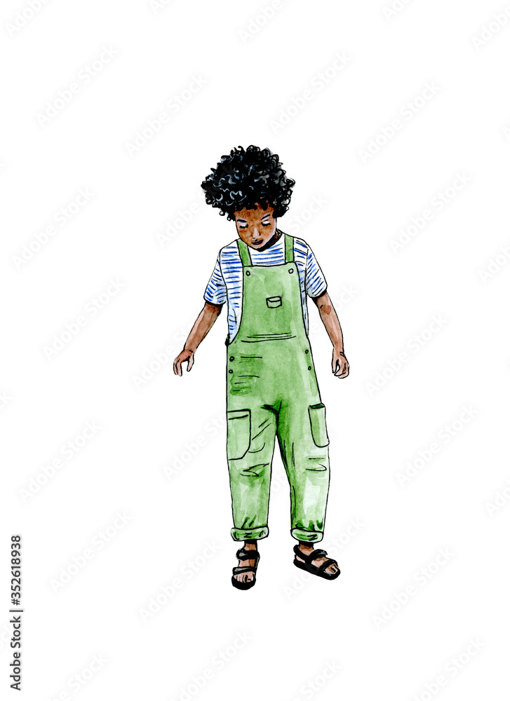 Watercolor illustration of cartoon african-american boy in white background Watercolor illustration of cartoon african-american boy in white background