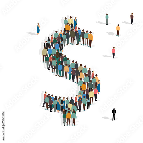 Financial donation. Dollar sign made by people crowd on white background, vector illustration in flat style