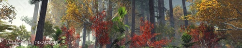 Forest in the fog in autumn, morning in the autumn forest, trees in the haze, trees in the sunlight, 3D rendering