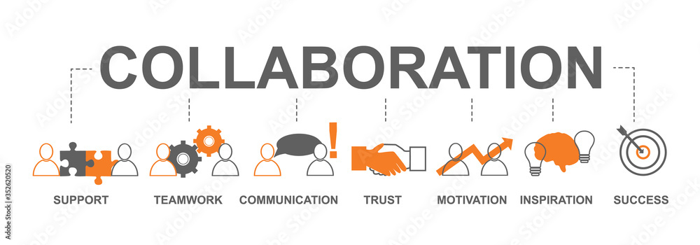 Vector illustration with word COLLABORATION and linear teamwork related icons, white background. Panorama