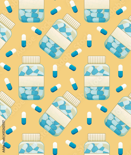 Bottles with oval capsule pills seamless pattern on yellow background
