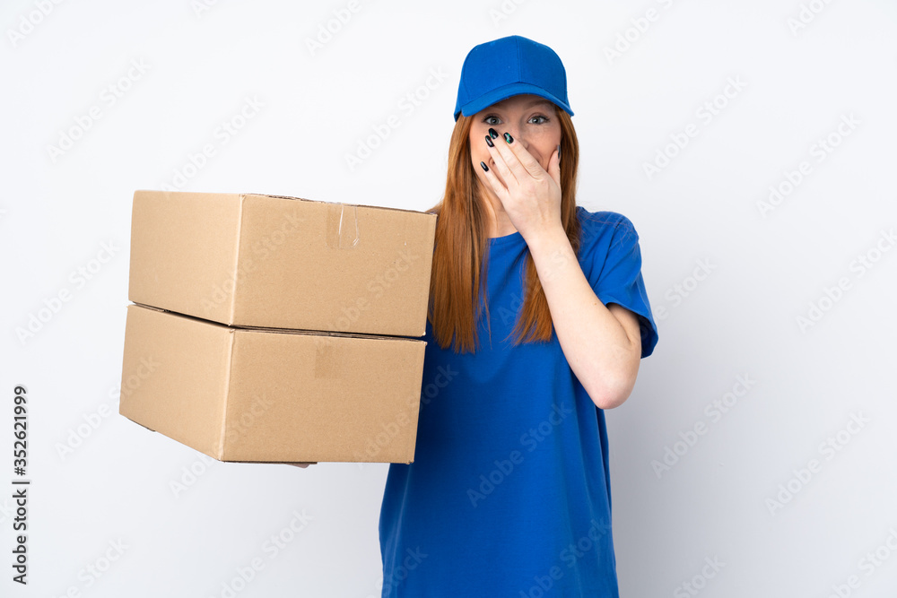 Young delivery woman over isolated white background with surprise facial expression Young delivery woman over isolated white background with surprise facial expression
