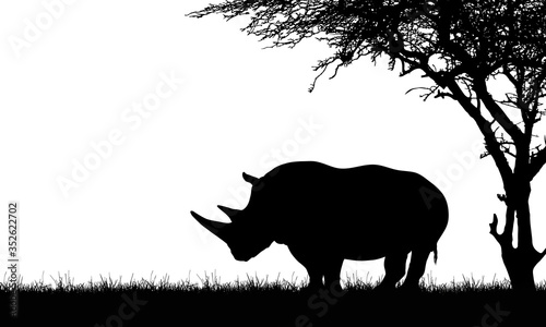 Flat design black and white illustration of a rhino silhouette with two horns under a tree in the grass on Safari - Space for your text, vector