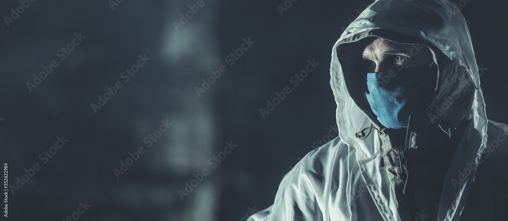 Covid Virus Pandemic Concept Banner with Men in Mask