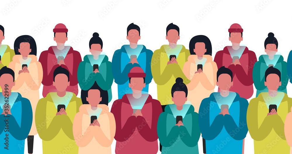 Internet addiction. Group of people using their mobile phones, vector illustration in flat style. Panorama