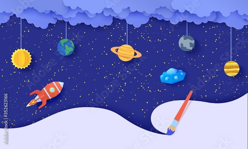 Space with planets on rope flying red polygonal rocket and UFO in paper cut style. Cut out 3d abstract background with cloudy night sky and flying saucer and paintbrush draw. Vector card illustration
