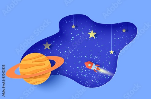 Space landscape in paper cut style. Cartoon 3d Saturn planet, red polygonal rocket. Abstract vector frame with stars on rope in starry night sky. Kids card illustration of paper craft galaxy
