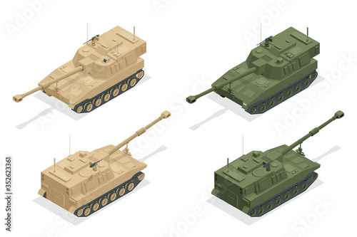Isometric M109 is an American 155 mm turreted self-propelled howitzer. Self-propelled gun. Howitzer isolated on white high quality vector illustration. Equipment for the war.