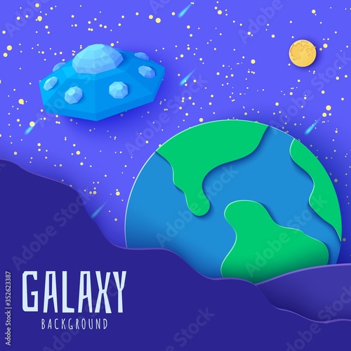 Fototapeta Naklejka Na Ścianę i Meble -  Space landscape in paper cut style. Cartoon Moon and Earth planets, blue polygonal origami UFO. 3d vector card with flying saucer in starry night sky, Kids illustration of paper craft galaxy