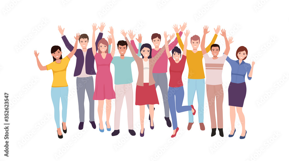 Group of happy people raising hand celebrating success after corona virus pandemic lock down quarantine is over in flat icon design